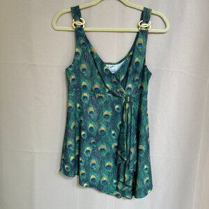 Linda Segal Asymmetrical  Peacock Top Sleeveless V Neck Jeweled /Gold Ring Sz M